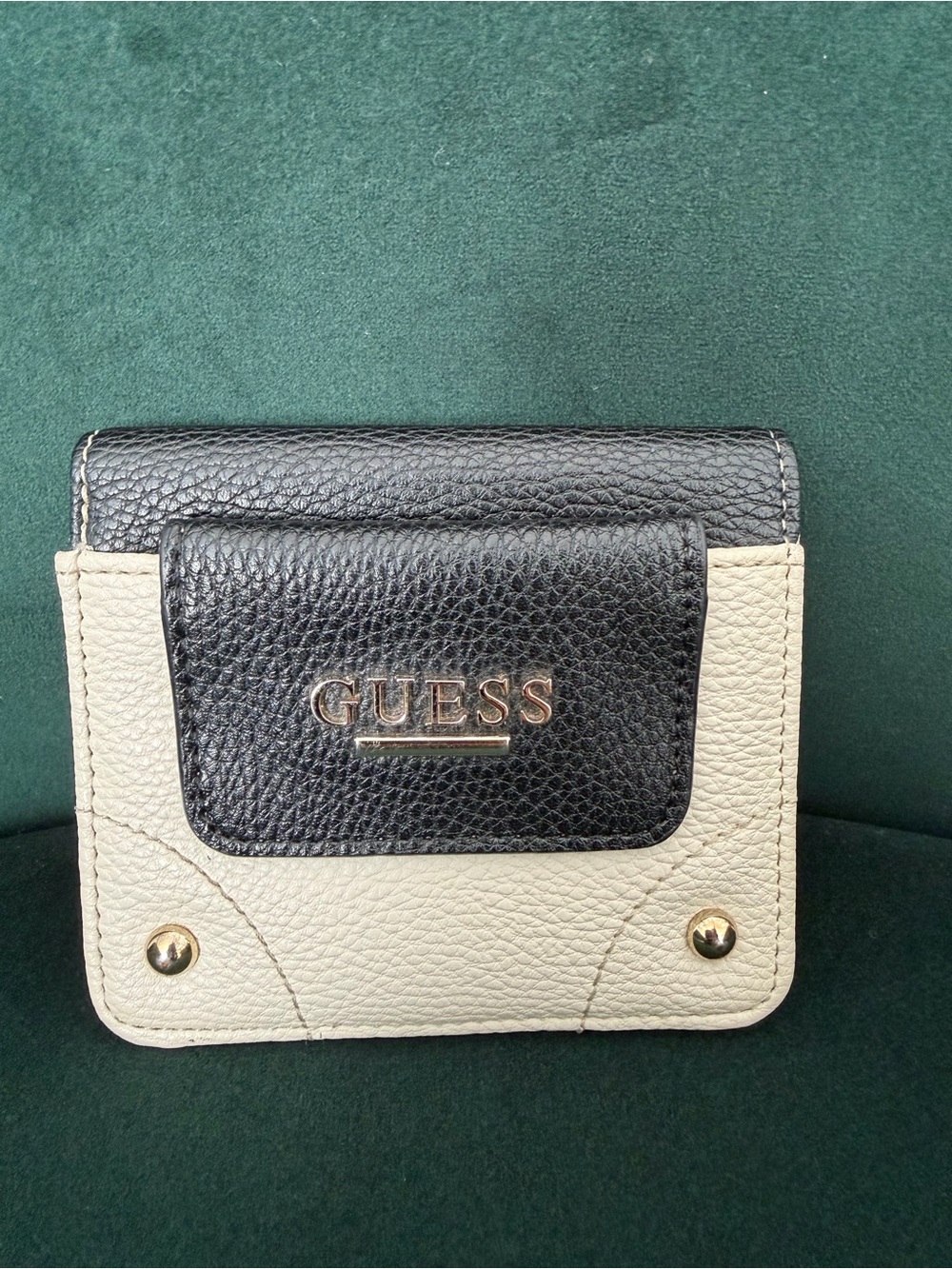 Guess Black and Cream Pebbled Leather Compact Wallet